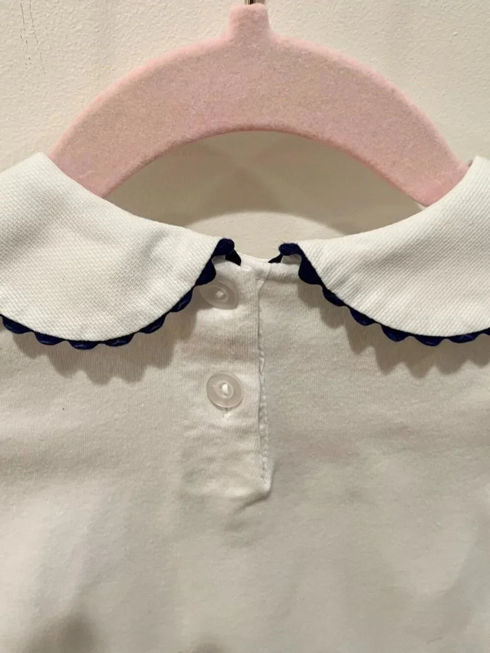 Girls White Peter Pan Collar shirt with Navy Ric Rac Trim - Sz 24 mo.